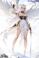 A woman with long white hair and wings, dressed in a revealing outfit, holding a sword.