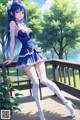 A woman in a blue dress and white stockings posing on a wooden deck.