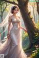 A woman in a wedding dress standing next to a tree.