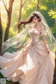 A woman in a wedding dress standing in the woods.